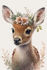 Cute deer portrait with flowers crown. Watercolor baby animal print. Beautiful wildlife animal cartoon drawing poster. Funny mammal character nature wild. include "Generative AI"