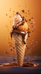 Ice cream cone hangs in the air decorated with melted chocolate. Feeling of joy and pleasure. Generative AI