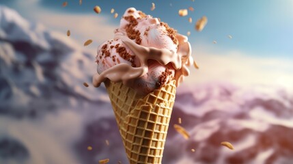 Ice cream cone hangs in the air decorated with melted chocolate. Feeling of joy and pleasure. Generative AI