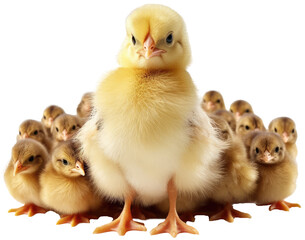A cute big chick is protecting a group of little ducklings isolated on a transparent background, generative AI animal - obrazy, fototapety, plakaty