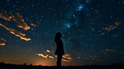 Fototapeta na wymiar Silhouette of a girl looks at the starry sky. Generative AI