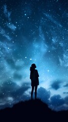 Silhouette of a girl looks at the starry sky. Generative AI