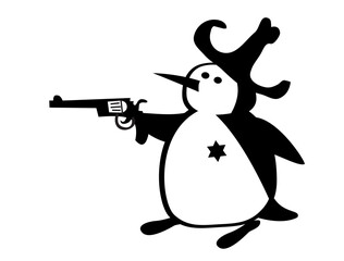 The life of penguins. Penguin in the wild west. Texas ranger is a real lawman. Comic character.