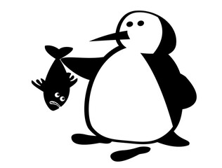 The life of penguins. The penguin ponders the fate of the fish he just caught. Comic character.