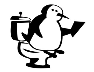 The life of penguins. A penguin is reading the morning newspaper in the toilet. Comic character.