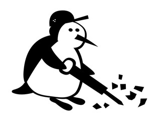The life of penguins. A penguin as a construction worker works with a jackhammer. Comic character.