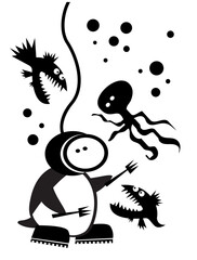 The life of penguins. A diving penguin fights with underwater predators. Comic character.