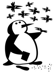 The life of penguins. Penguin feeds birds. Comic character.