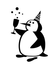 The life of penguins. A penguin with a glass of champagne makes a speech. Comic character.