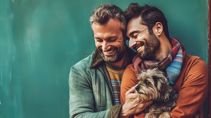 lovely male couple smile happily hug each other and a cute dog in arm, green background, Generative Ai