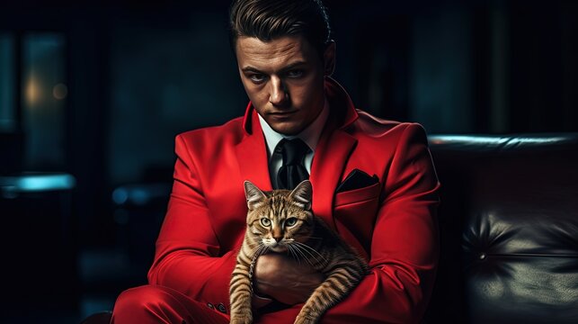 handsome serious man cat owner hold his cat in arm,  red black color, Generative Ai