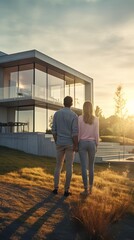 Fototapeta na wymiar Young couple standing together looking at their new modern home with excitement and satisfaction. Generative AI