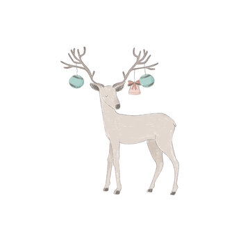 Winter Christmas Reindeer with horns and Christmas Tree Decorations illustration - deer animal isolated on white background for kids, nursery decor, birthday greeting cards templates