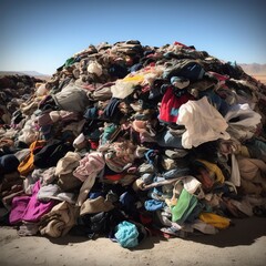 A pile of old clothes discarded in a landfill without recycling. Ai generated.
