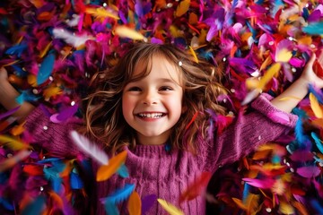 Happy smiling girl among an explosion of funny colored feathers. AI generated.
