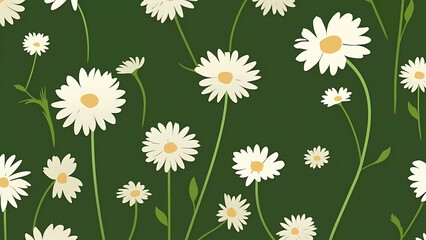 Watercolor daisy flowers seamless wallpaper with a green background. Botanical floral texture, natural medicinal flowers wallpaper.