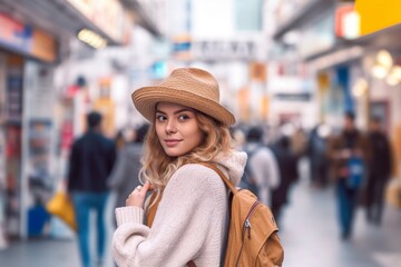 Obraz premium Young woman smiles as she walks backwards through the old streets of a touristy European city. AI generated.