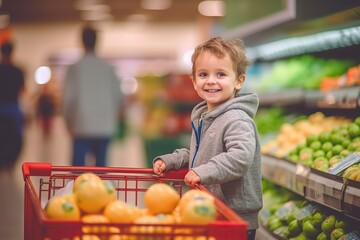 Fototapeta premium A boy smiles while shopping in a supermarket. Ai generated.