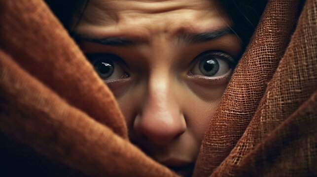 A zoomed-in image capturing the anguished countenance of a woman, depicting an amalgamation of distress and terror, serving as a poignant representation of fear within the realm of Generative AI