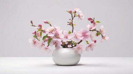Naklejka na ściany i meble Realistic fruit tree branch with beautiful cherry or apple blossom in vase. Generative AI. Illustration for banner, poster, cover, brochure or presentation.