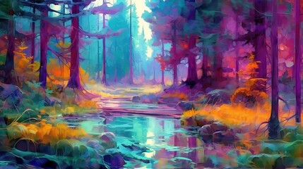 Obraz na płótnie Canvas Fantastic colorful forest landscape with streamlet. Abstract design with surreal scenery. Generative AI. Illustration for cover, postcard, interior design, invitations or print.