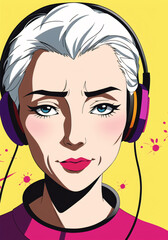 Senior woman listening music in headphones. Generative AI