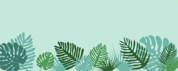 Naklejka na ściany i meble Banner, palm leaves on a green background, vector. Green palm leaves on a green background. Banner, background.