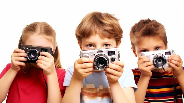 three little kids boy and girls siblings playing with photo cameras and making photography. looking in front of the camera. isolated on white background. Generative AI
