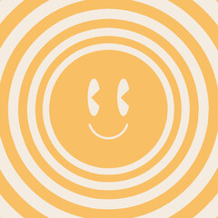Obraz premium Retro 70s hippie groovy background, vector. Smiley. Yellow smiley, striped lines.