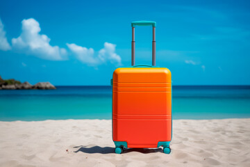 Suitcase at the sunny beach near the sea. Generative AI