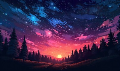 red sky at Sunset Anime summer landscape Starry sky illustration poster