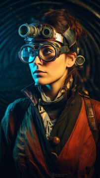 Generative AI. Steampunk portrait of a female in steampunk VR glasses