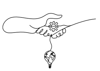 Abstract handshake and light bulb as line drawing on white background