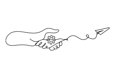 Abstract handshake and paper plane as line drawing on white background