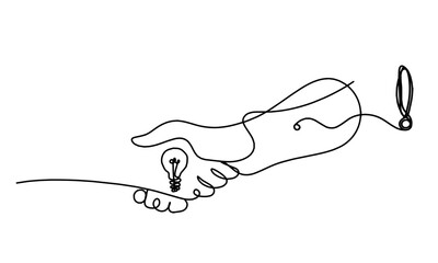 Abstract handshake and exclamation mark as line drawing on white background