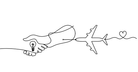 Abstract handshake and plane as line drawing on white background