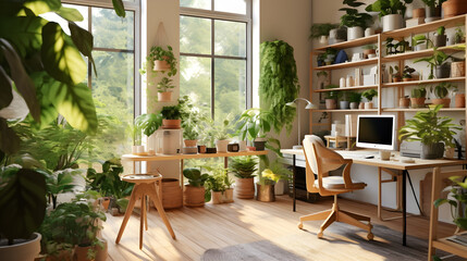 Fototapeta premium A nature-inspired home office with greenery, natural materials, and a calming atmosphere.