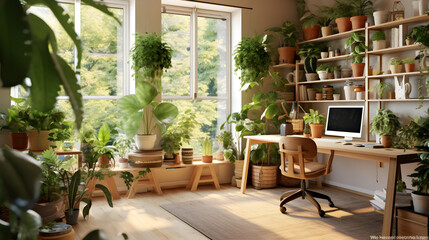 Fototapeta na wymiar A nature-inspired home office with greenery, natural materials, and a calming atmosphere.