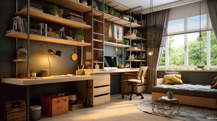 Obraz premium A cozy home office with warm lighting, comfortable furniture, and personal touches.