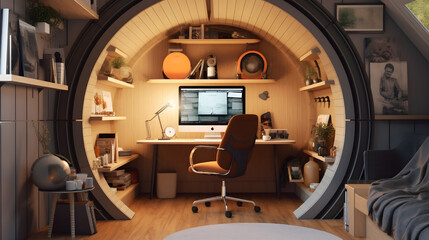 A contemporary small office with sleek design, smart storage solutions, and modern technology.