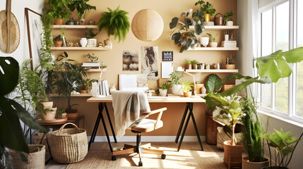 A nature-inspired home office with greenery, natural materials, and a calming atmosphere.