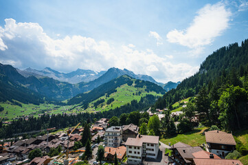 Fototapeta premium Adelboden, Switzerland - July 24, 2022 - Summer view of Adelboden village and city center
