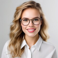 Business portrait of a smiling young blonde European woman in glasses. Created with Generative AI technology