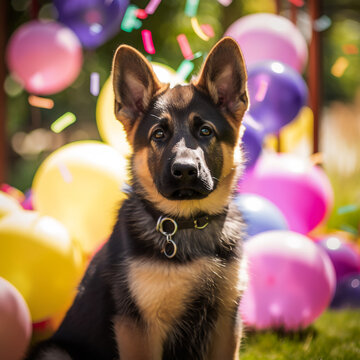 Junger Deutscher Sch&auml;ferhund feiert im Garten Geburtstagsparty