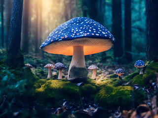 Fototapeta na wymiar fantastic wonderland forest landscape with mushrooms and flowers ai generative