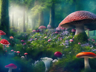 fantastic wonderland forest landscape with mushrooms and flowers ai generative