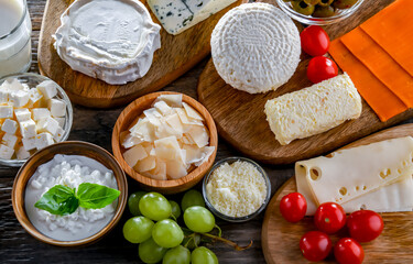 A variety of dairy products including cheese, milk and yogurt