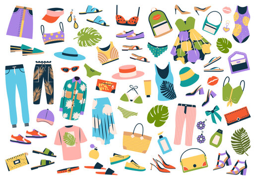 Clothing, shoes, accessories vector set for summer