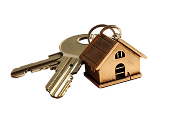 House keys with house shaped keychain on transparent background. AI