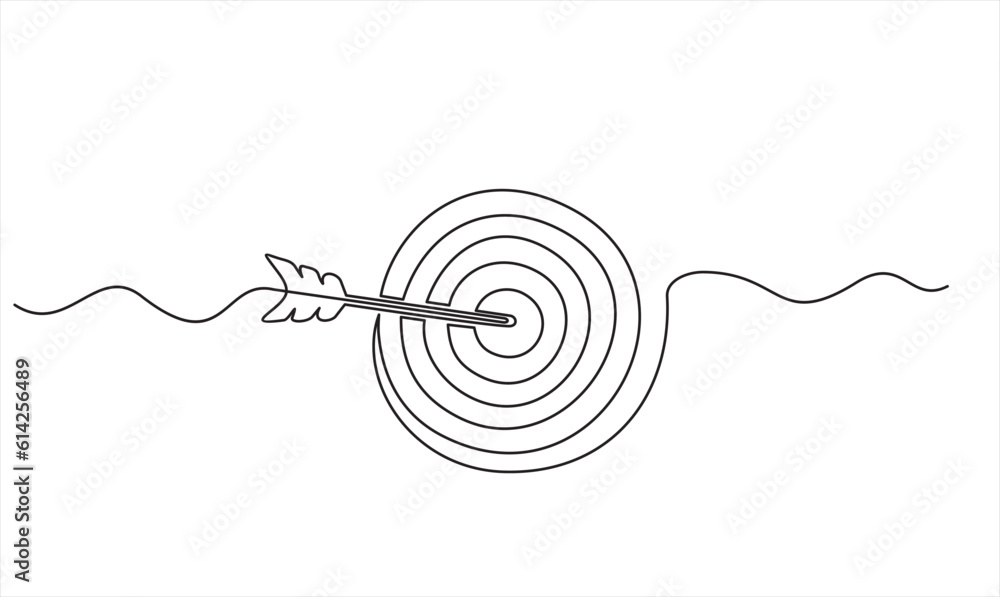 Poster continuous one line drawing of arrow on target circle.target bullseye or arrow on target. the busine